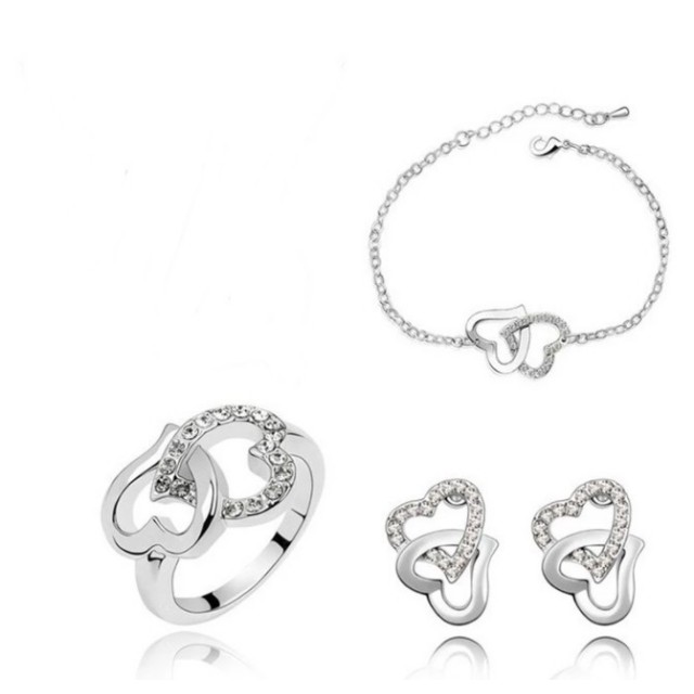 3 delni eleganten komplet dvojno srce, srebrne barve 