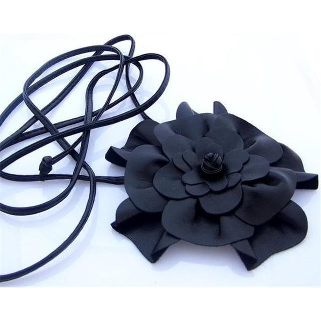 Ženski modni pas z rožico, črn nastavljiv 