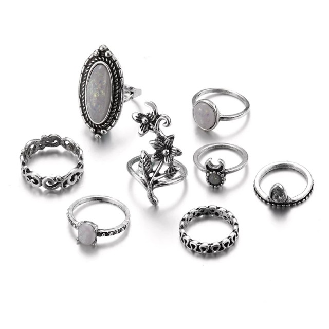 8 prstanov v kompletu, antik srebrna 