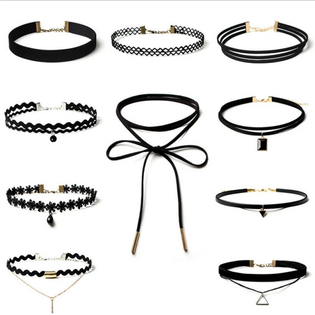 10 delni set Choker verižic v črni barvi CH231