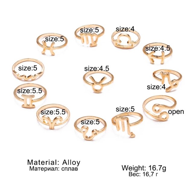 Komplet 12 prstanov horoskop, srebrne ali zlate barve 
