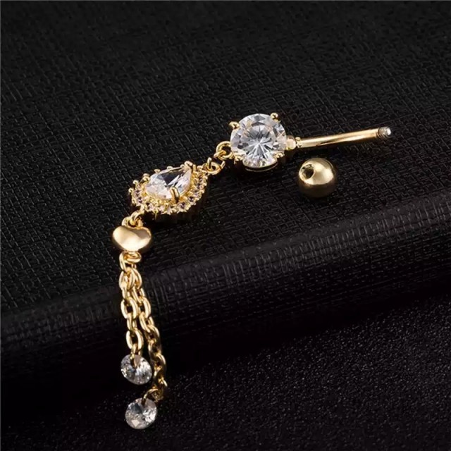 Daljši viseč zlat uhan za popek zlate barve