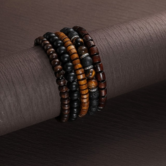 5-delni komplet modnih zapestnic iz lesa s kamnom tigrovo oko