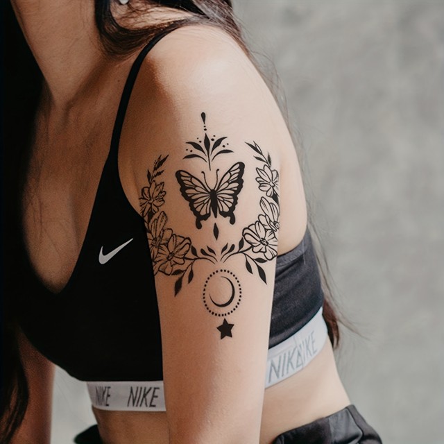 Začasna tattoo nalepka s črnim metuljem in polmesecem 