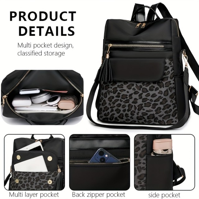 Elegantni nahrbtnik z leopardjim vzorcem in več žepi