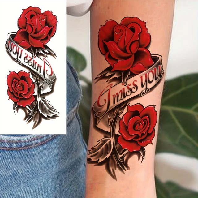 Vodoodporna tatu nalepka z motivom rdeče vrtnice MISS YOU