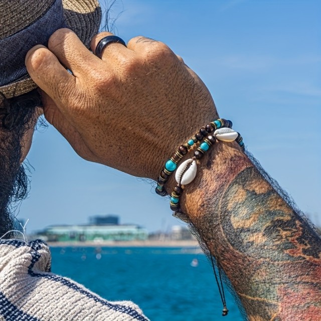 Komplet 2 zapestnic iz kokosove lupine in lesa s retro afriškimi turkiznimi kroglicami