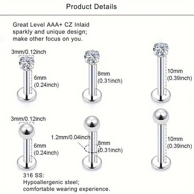 Set 6 piercingev iz kirurškega jekla za nos usta obrvi jezik 