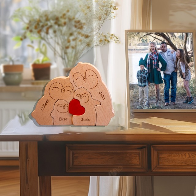 Personalizirana lesena sestavljanka s pingvini VAŠA DRUŽINA