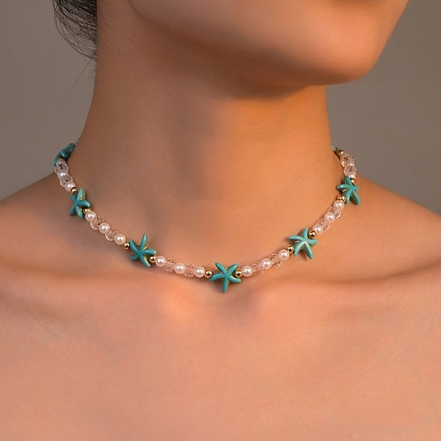 Poletna ogrlica z morsko zvezdo in imitacijskim biserom 2 barvi