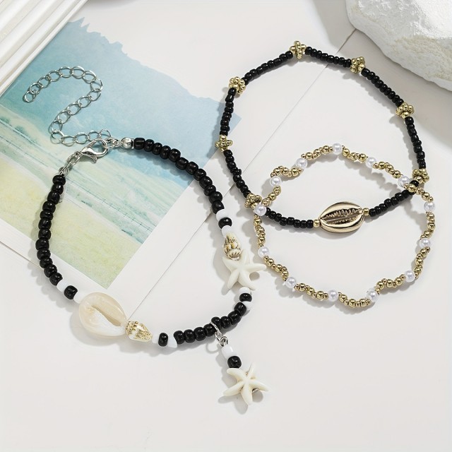 3 delni komplet zapestnic za nogo s črnimi perlami in školjkami