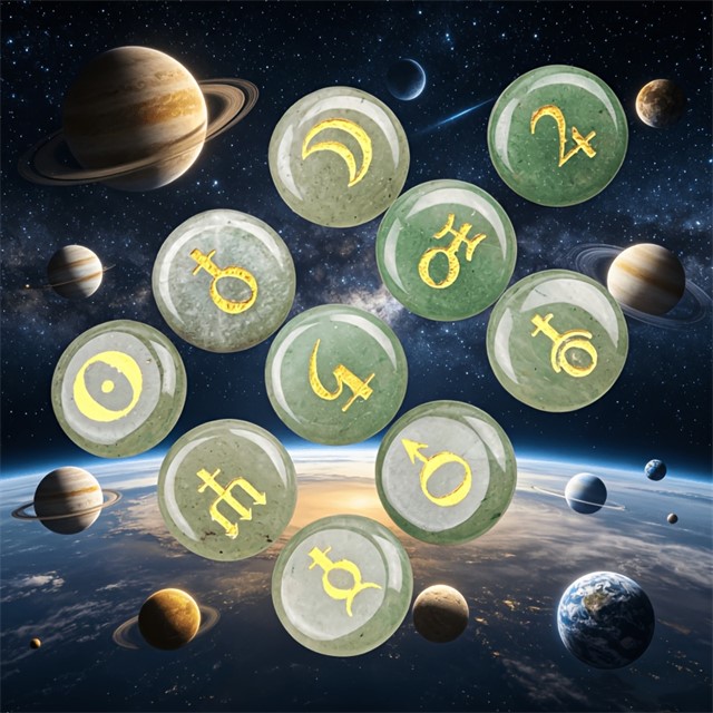 Astrološki kamni iz Zelenega Aventurina – komplet 10 planetarnih simbolov