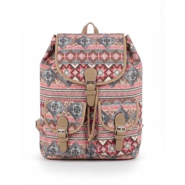 Večji ženski nahrbtnik z etno vzorcem v rdeči barvi