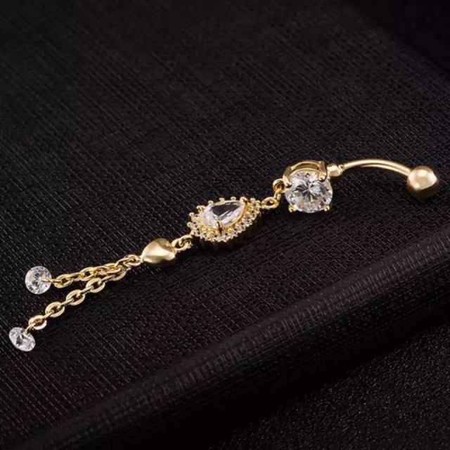 Daljši viseč zlat uhan za popek zlate barve