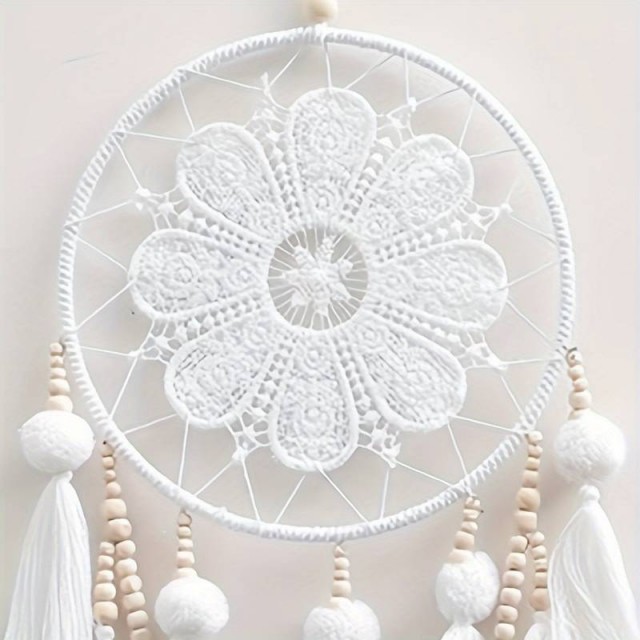 Boho Chic beli lovilec sanj z resami in lesenimi dodatki