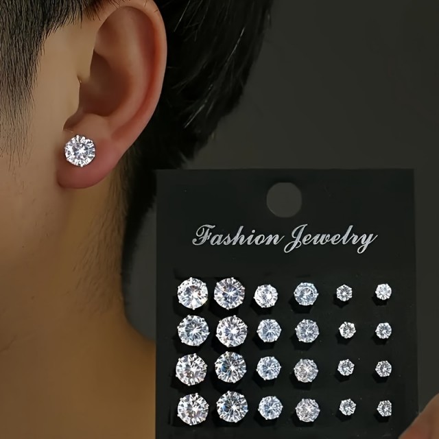 Komplet 12 parov elegantnih kvadratnih uhanih s cirkoni za moške