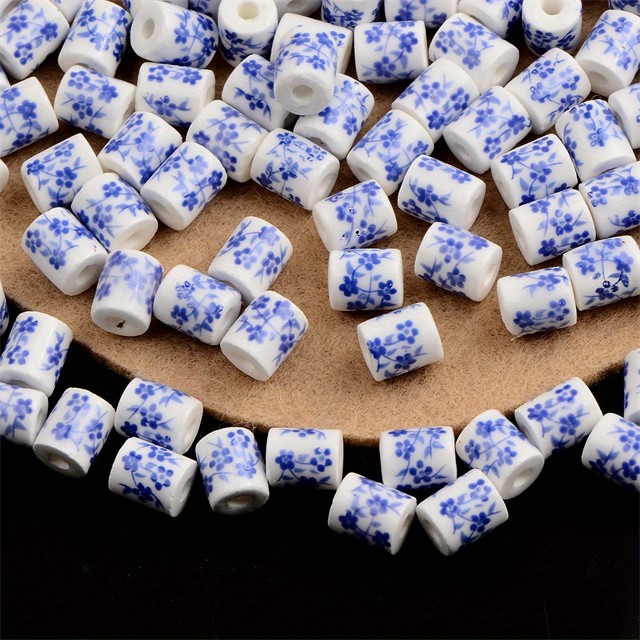 Keramične perle z modrim cvetličnim vzorcem – 20 kosov