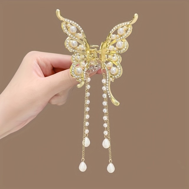 Ženska kovinska sponka za lase z metuljem in perlicami