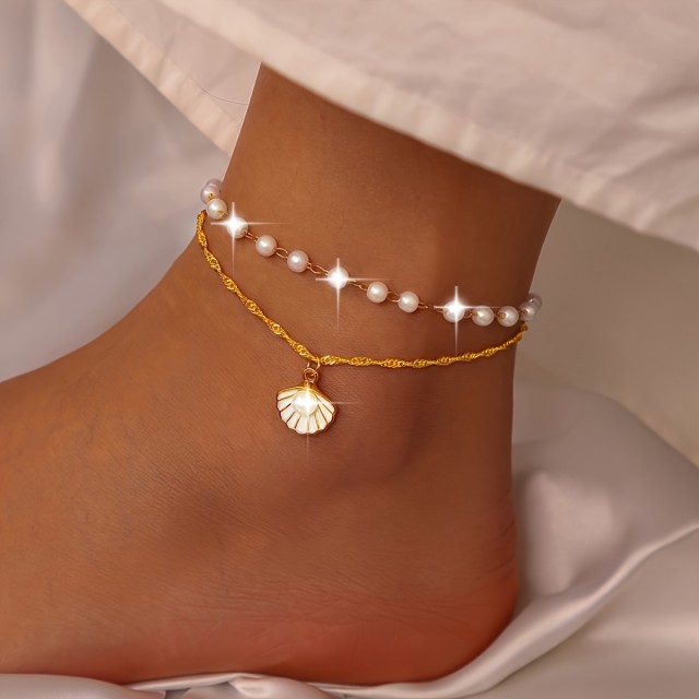 Dvodelna zapestnica za nogo s školjko in perlicami