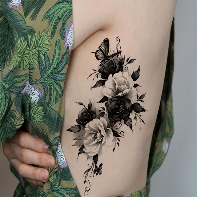 Tatu nalepka z dizajnom metulja in vrtnice