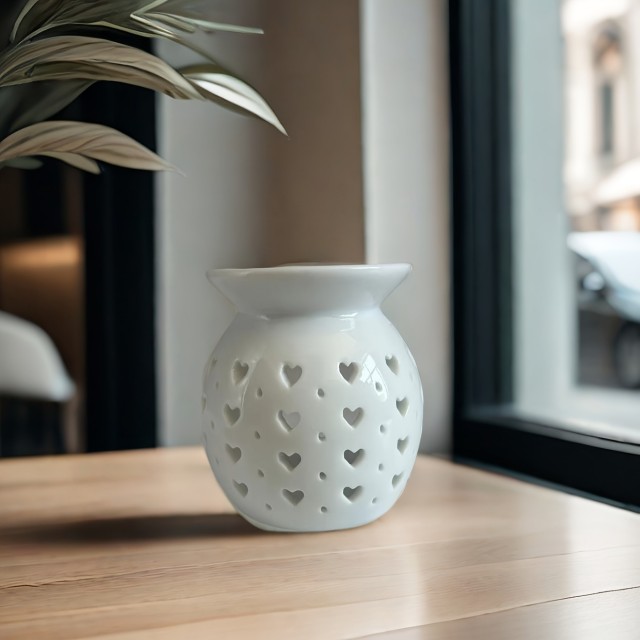 Eleganten keramični svečnik za eterična olja s srčki 