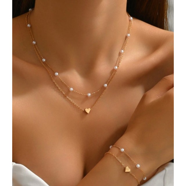 Komplet z ogrlico in zapestnico s perlico in srcem