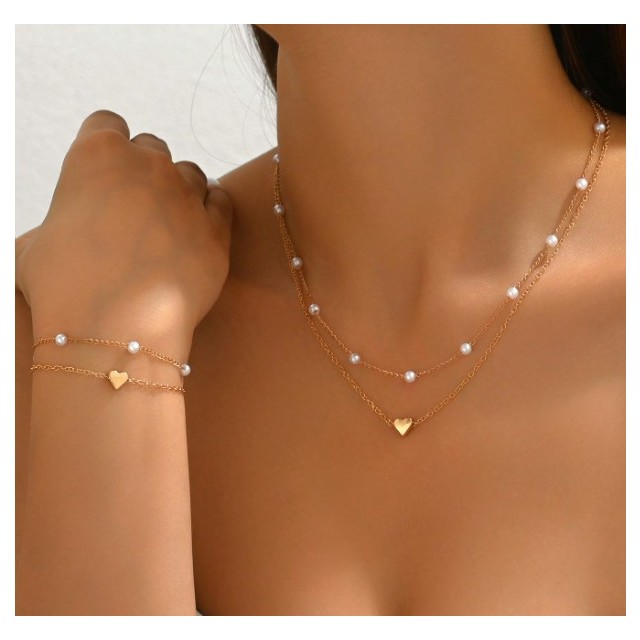 Komplet z ogrlico in zapestnico s perlico in srcem