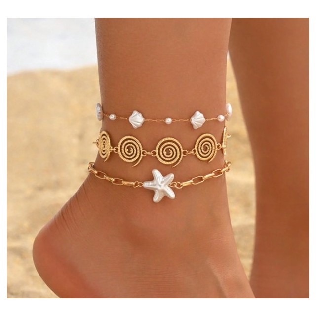 Set 3 zapestnic za nogo s školjkami in polžkom