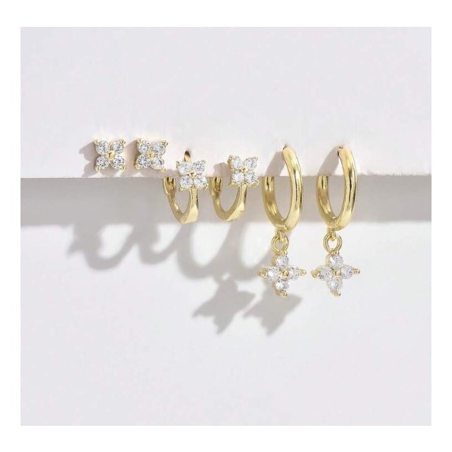 Komplet 3 parov uhanov zlate barve z rožico 