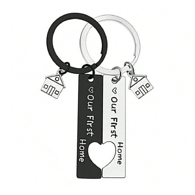 Komplet dveh nerjavečih obeskov za ključe OUR FIRST HOME 