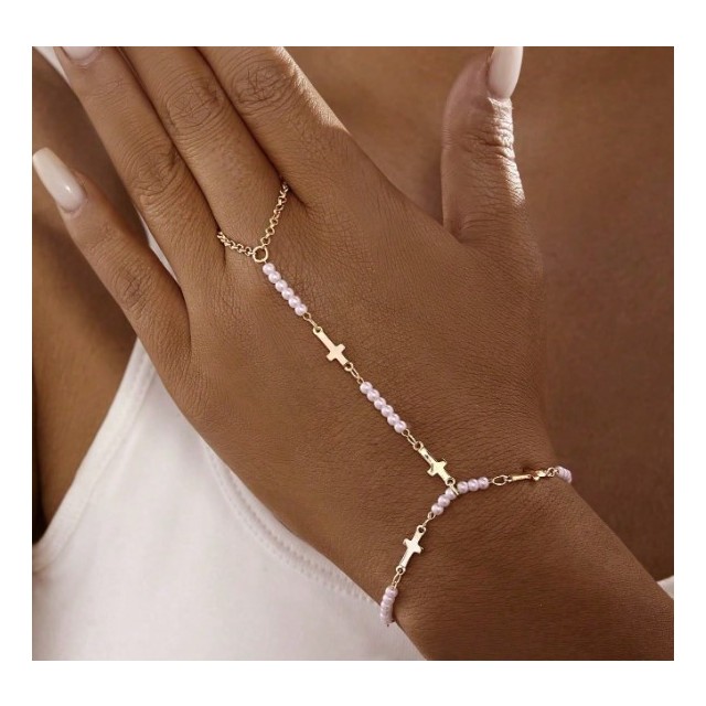 Sijoča 2v1 zapestnica s križi in perlami 