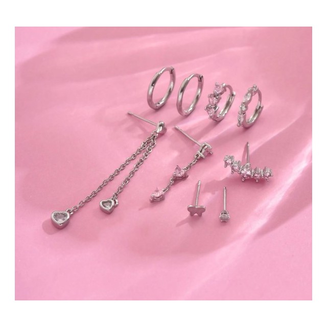 9 delni set uhanov v srebrno-roza barvi 