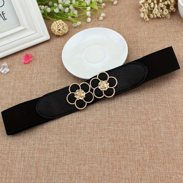Ženski črni elastični pas z motivom dveh rož