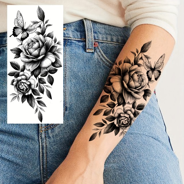 Vodoodporna tatu nalepka z rožami in metuljem