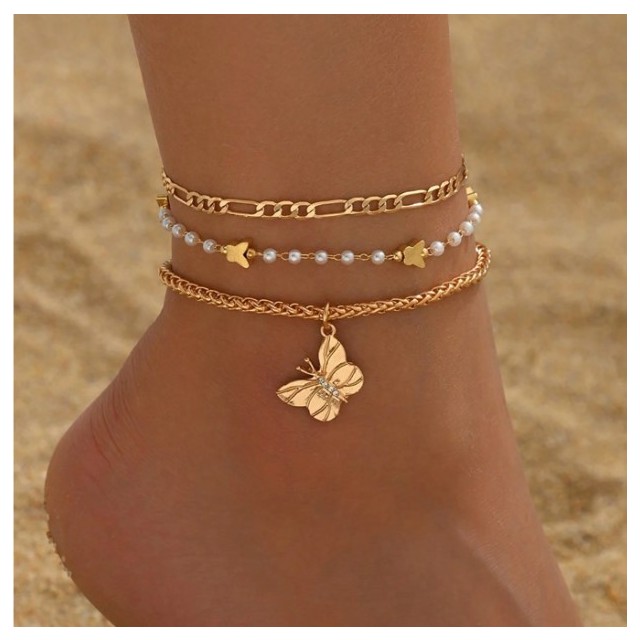 3 delni set zlatih zapestnic za nogo z metuljem