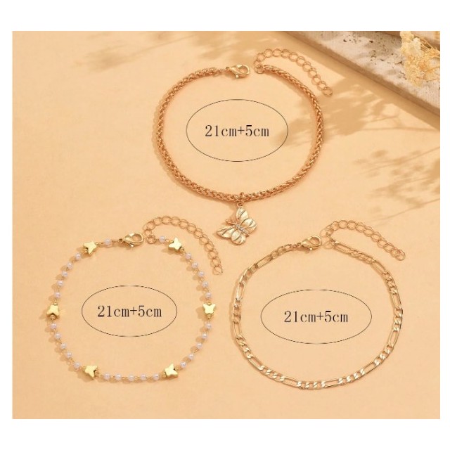 3 delni set zlatih zapestnic za nogo z metuljem