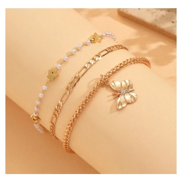 3 delni set zlatih zapestnic za nogo z metuljem