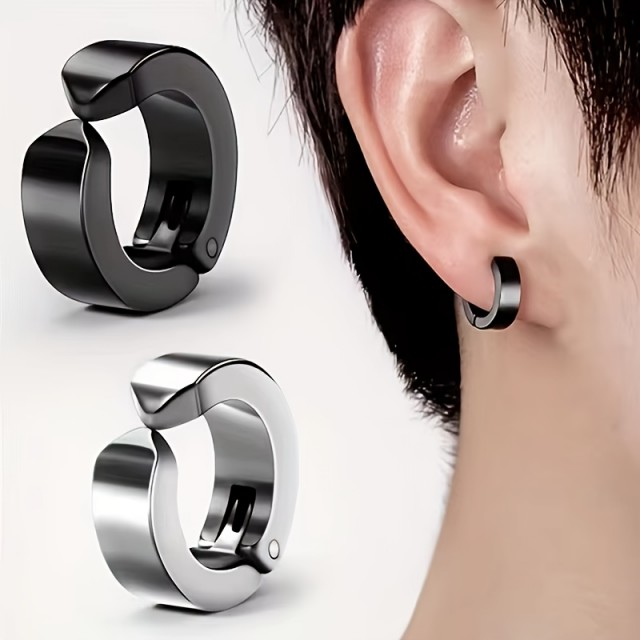 Moški okrogli uhani v črni ali srebrni barvi brez prebadanja