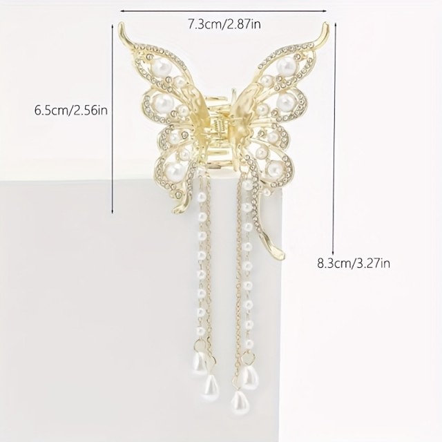 Ženska kovinska sponka za lase z metuljem in perlicami