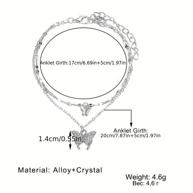 Zapestnica za nogo z dvojnim metuljčkom, srebrna