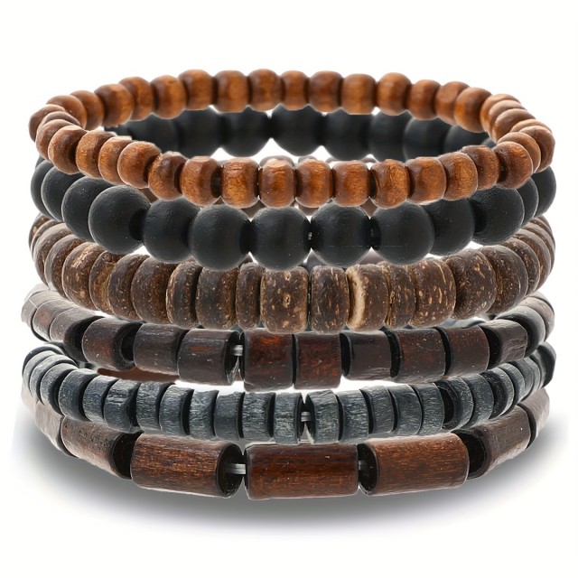 Komplet 6 moških zapestnic iz lesenih perl