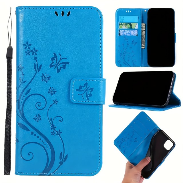 Šik reliefni usnjen ovitek z metulji moder iPhone 14