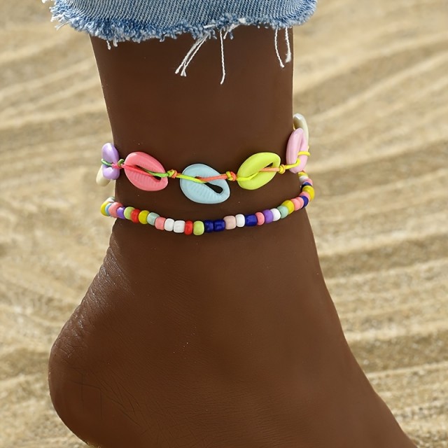 Dvodelni komplet zapestnic za nogo s pisanimi školjkami