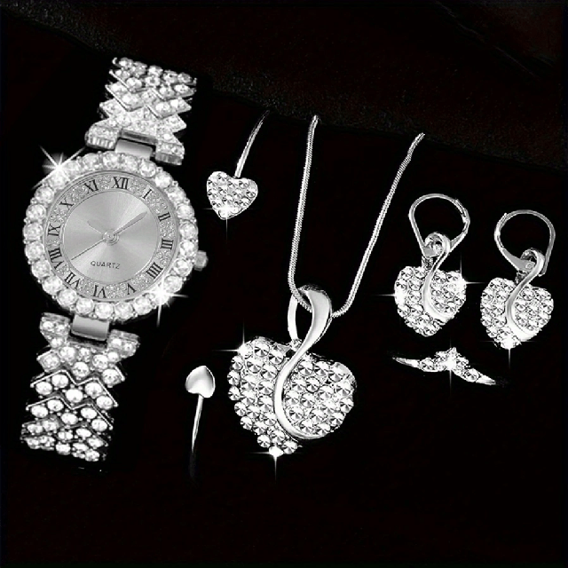 5 delni komplet s kovinsko uro in nakitom v srebrni barvi