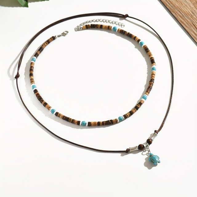 Dvodelna moška ogrlica z lesenimi perlami in želvo