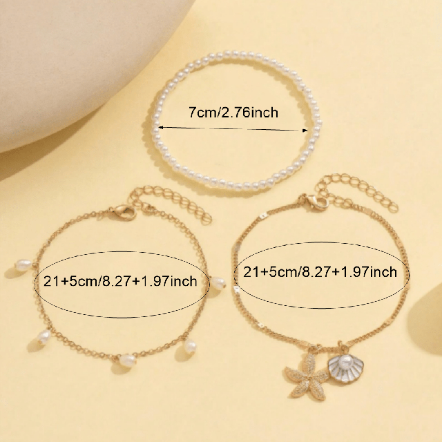 3 delni komplet zapestnic za nogo s perlami in školjkami