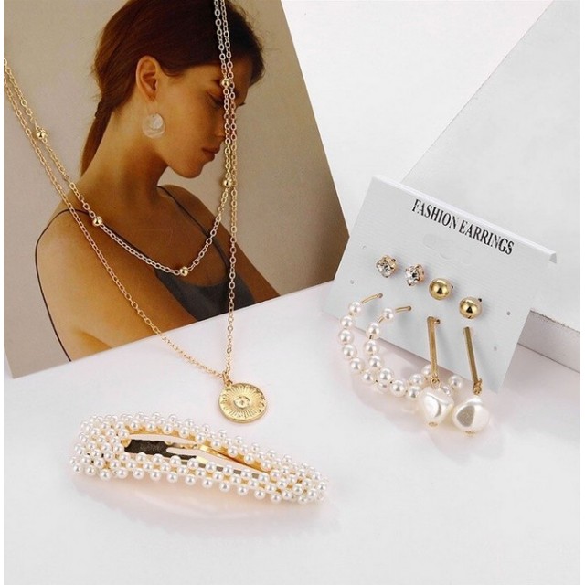 6 delni komplet nakita, verižica, uhani in špangica