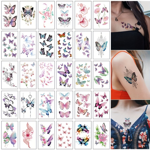 Komplet 30 začasnih tattoo nalepk s pisanimi metulji 