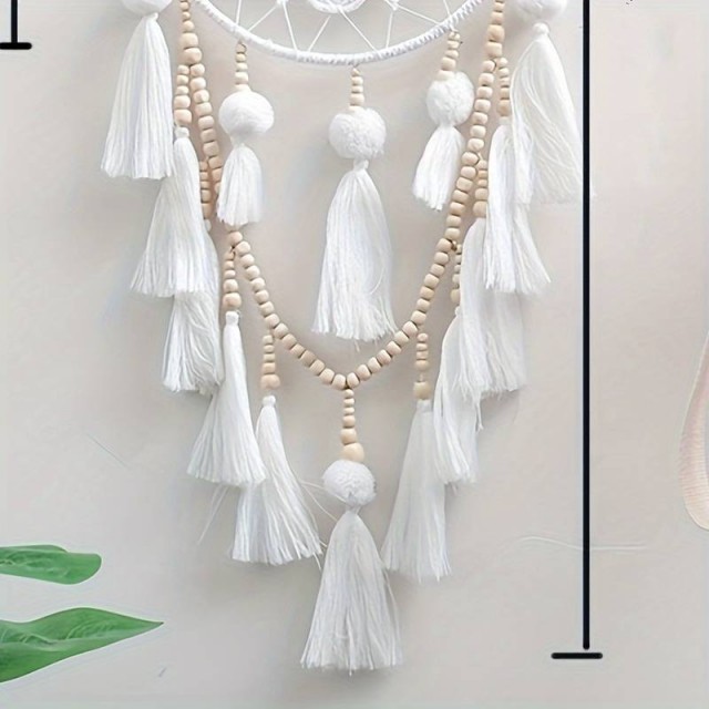 Boho Chic beli lovilec sanj z resami in lesenimi dodatki