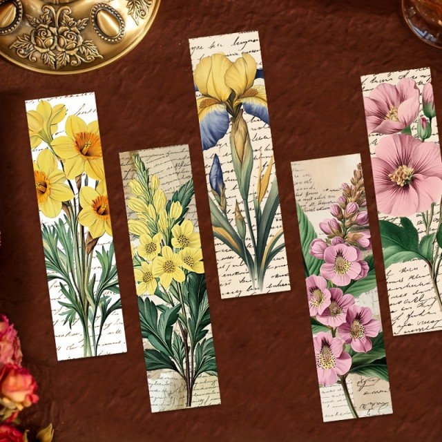 Komplet 30 vintage cvetličnih zaznamkov za knjige z živahnimi botaničnimi vzorci